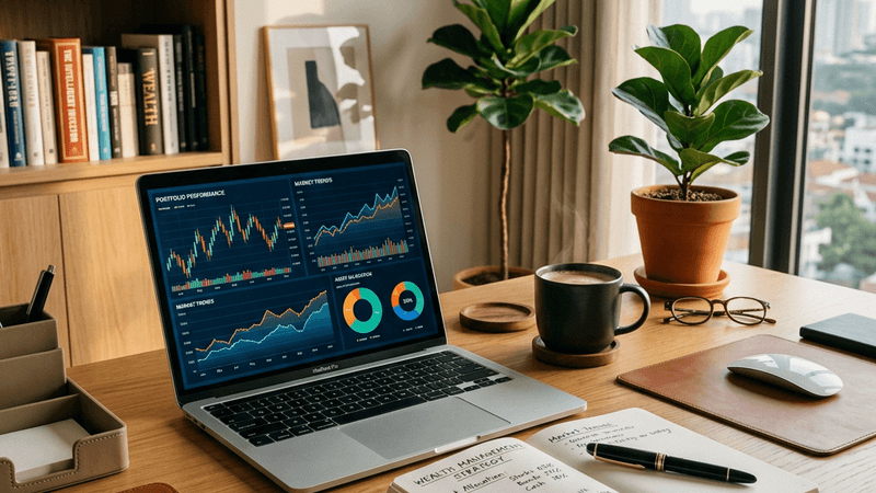 Home office desk with financial charts on laptop screen